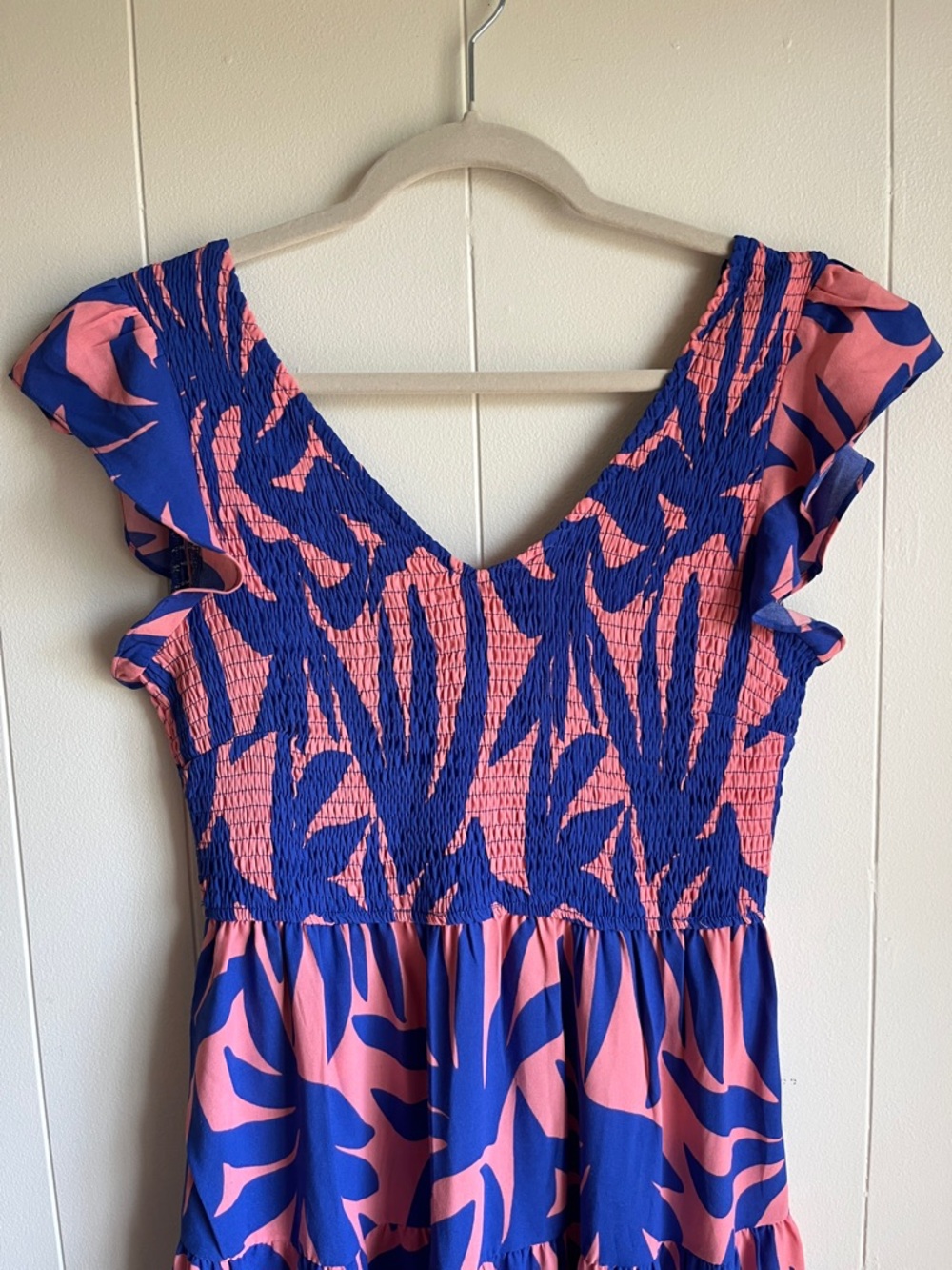 Amazon Pink and Blue V-Neck Ruffle Tropical Beach Easter Maxi Dress Sz Med - Picture 3 of 7